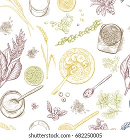 Superfood. Seamless botanical pattern, Realistic color vector sketch illustration.