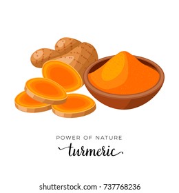 Superfood Spice. Turmeric Root Slices And Powder. Vector Illustration Cartoon Flat Icon Isolated On White.