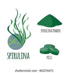 Superfood spirulina set in flat style: algae, powder, pills. Organic healthy food. Isolated objects on white background. Vector illustration