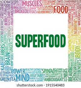 Superfood vector illustration word cloud isolated on a white background.