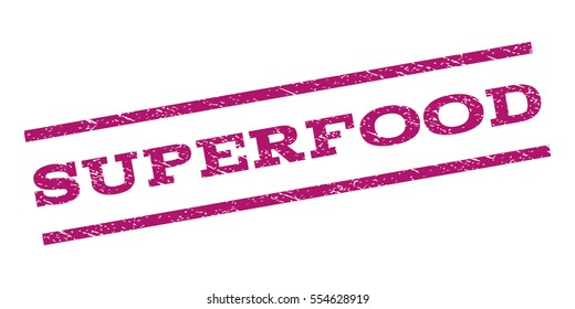 Superfood watermark stamp. Text caption between parallel lines with grunge design style. Rubber seal stamp with dust texture. Vector purple color ink imprint on a white background.