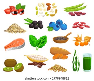 Superfoods berries, veggies and fruits. Cartoon acai, blueberry and guarana, cacao, kiwi and quinoa, chia, bean and physalis, goji, salmon meat and kale cabbage, spirulina, sweet potato and hemp seeds