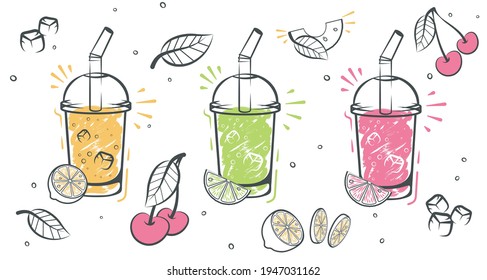 Superfoods and health or detox diet food concept in sketch style. Smoothie recipe with a bottle and ingredients. Detox, healthy eating.