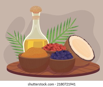 superfoods healthy menu on wooden tray