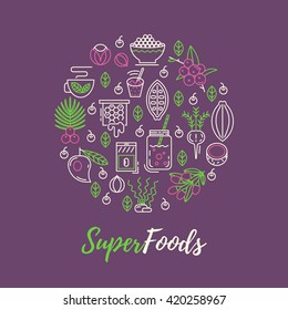 Superfoods line vector concept.
Acai, cocoa, goji, guarana, spirulina, coconut, quinoa, camu camu. Organic superfoods for health and diet. Detox and weightloss supplements.