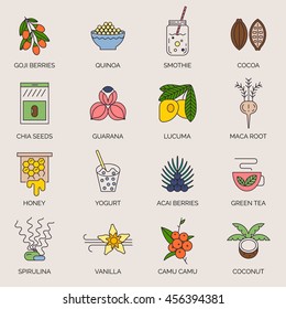 Iconos vectoriales de línea de superalimentos.
 Acai, cacao, goji, guarana, espirulina, coco, quinua, camu camu, maca, miel, vainilla, kelp. Superalimentos orgánicos para la salud y la dieta. Complementos de descomposición y pérdida de peso.