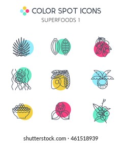 Superfoods line vector icons.
Acai, cocoa, goji, guarana, spirulina, coconut, quinoa, camu camu. Organic superfoods for health and diet. Detox and weightloss supplements.