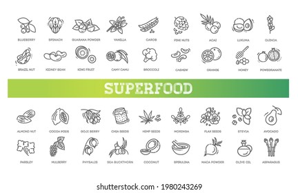 Iconos vectoriales de línea de superalimentos. Superalimentos orgánicos