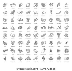 Superfoods line vector icons. Organic superfoods and antioxidants