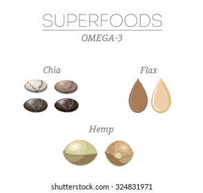 Superfoods Rich In Omega-3: Chia, Flax And Hemp Seeds. Vector Set.