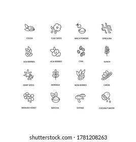 Superfoods Simple Thin Line Icon Set Vector Illustration. Flax Seed, Maca Powder, Spirulina, Goji Berries, Acai Berries, Chia, Quinoa, Hemp Seed, Moringa, Noni Berries, Carob, Manuka Honey, Matcha.