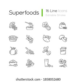 Superalimentos variedad píxeles perfectos iconos lineales set.Opciones de vegetales orgánicos. Una idea de estilo de vida saludable. Símbolos de contorno de línea delgada personalizables. Ilustraciones aisladas del contorno vectorial. Trazo editable