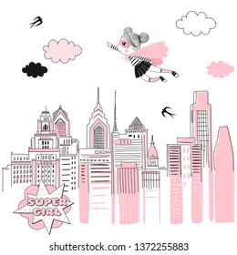 Supergirl Fly Above Cityscape. Girlish Pink Super Hero Themed Illustration. Vector Doodle Graphics. Perfect For Little Girl Design Like T-shirt Textile Fabric Print Birtday Party Art Wall Poster