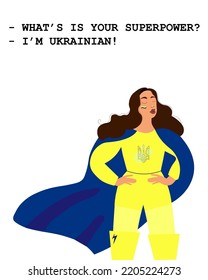 Supergirl, superhero stands. Ukrainin superhero girl. Superpower.Stand with Ukraine. Pray Ukraine. Russian-Ukrainian conflict. Stop world war. Banner design.