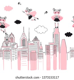 Supergirls cartoon characters in the city fly above and stand on buildings. Girlish Superhero themed seamless border pattern. Vector doodle graphics. Perfect for little girl design like t-shirt