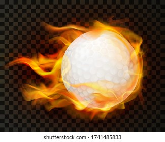 Superheated Burning Golf Ball In Fire Flying Through The Air, Isolated 3d Realistic Vector Illustration. Sport Club Logo, Equipment Store Ad, Golf Tournament Promo Design Element