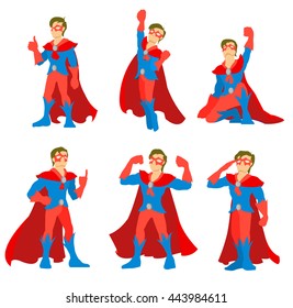 Superhero in action in different poses.Vector illustration in flat style