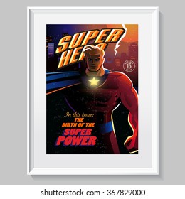 Superhero in action. Fake comic book cover. Poster layout