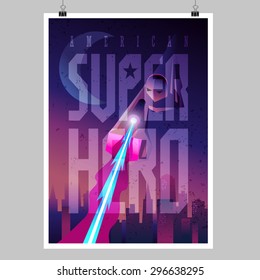 Superhero in action. Flying figure. Poster layout