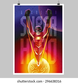 Superhero in action. Flying figure. Poster layout