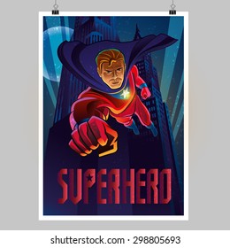 Superhero in action. Flying over night city. Poster layout