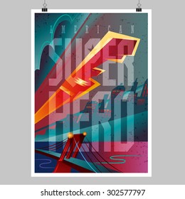 Superhero in action. Flying over night city. Poster layout