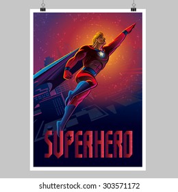 Superhero in action. Flying over night city. Poster layout