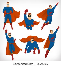 Superhéroe en acción: ícono conjunto de personajes superhéroes diferentes poses con capa roja y traje azul en estilo de dibujos animados. Ilustración vectorial.