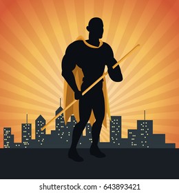 superhero action justice posing front cityscape