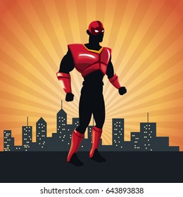 superhero action justice posing front cityscape
