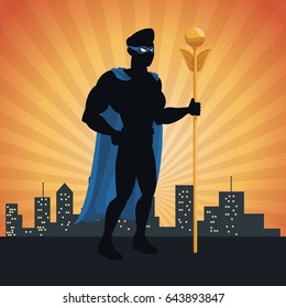 superhero action justice posing front cityscape