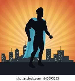 superhero action justice posing front cityscape