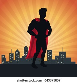 superhero action justice posing front cityscape