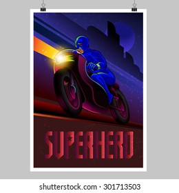 Superhero in action. Superhero motorbike rider. Poster layout