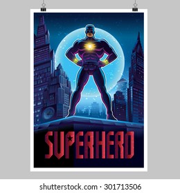 Superhero in action. Superhero in the night city. Poster layout