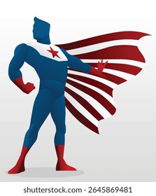 superhero in action pose with cape. independence day. usa independence day