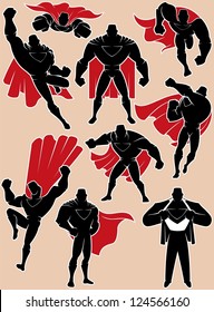 Superhero in Action: Superhero silhouette in 9 different poses. No transparency and gradients used.