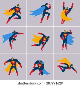 Superhero in Action. Superhero silhouette in different poses vector