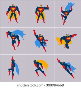 Superhero in Action. Superhero silhouette in different poses vector