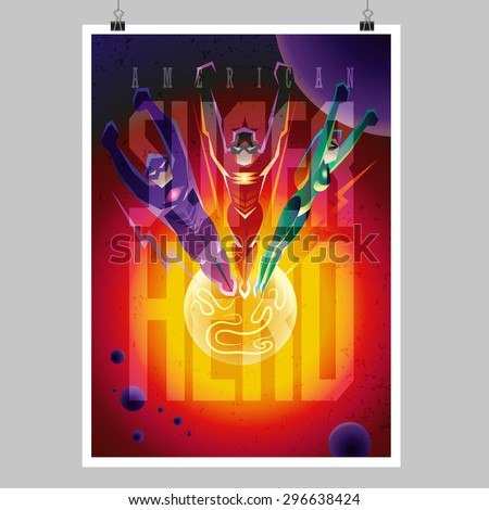 Superhero in action. Superhero team, flying figures. Poster layout