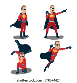 Superhero Actions Cartoon Character Set Vector