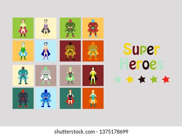 Superhero actions icon set in cartoon colored style different poses vector illustration
