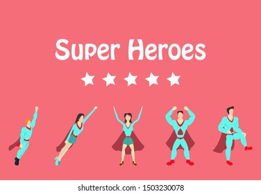 Superhero actions icon set in cartoon colored style different poses vector illustration