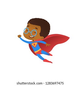 Superhero African Cute Kid Fly Costume Flat Vector. Happy Smile Little Brave Boy Wear Red Cape. Cool Strong Defender Superman Symbol Character Isolated Comic Party Cartoon Illustration.