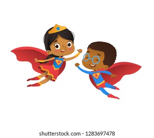 Superhero African Friend Character Couple Vector. Happy Boy and Girl wear Funny Costume for Kindergarten Carnival Party. Cheerful Baby Play in Cape Isolated Flat Cartoon Illustration.