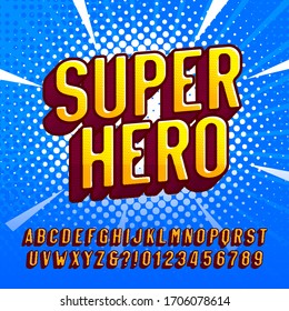 Superhero alphabet font. Letters and numbers in retro comic style. Halftone background. Stock vector illustration typography design.
