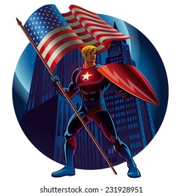 Superhero with the American flag. Vector illustration