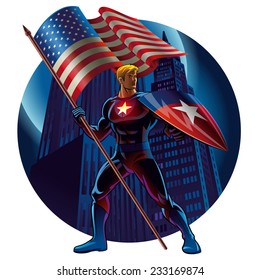 Superhero with the American flag. Vector illustration