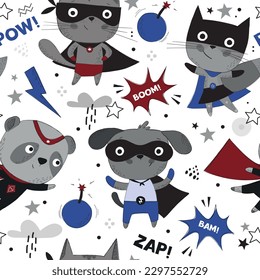 Superhero animal characters, wearing comic costumes. Hand drawn style vector illustration. Scandinavian 
design with neutral color pallet. Best to use for print  and as an Ad banners on social media