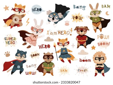 Superhero animal clipart. Cute animals in superhero masks and costumes. Vector illustration. Graphic set.